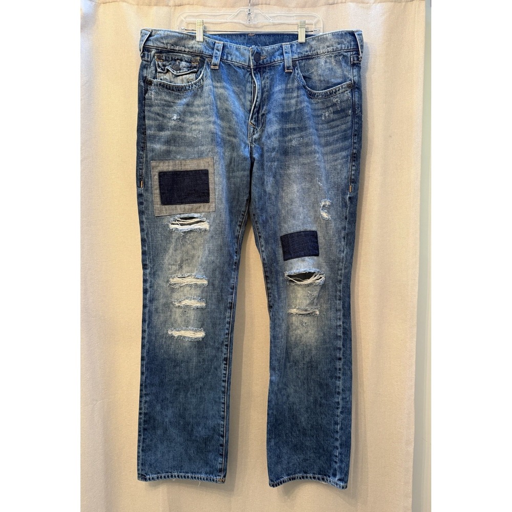 True Religion Jeans Mens 42 Ricky Flap SE Patchwork Distressed Straight